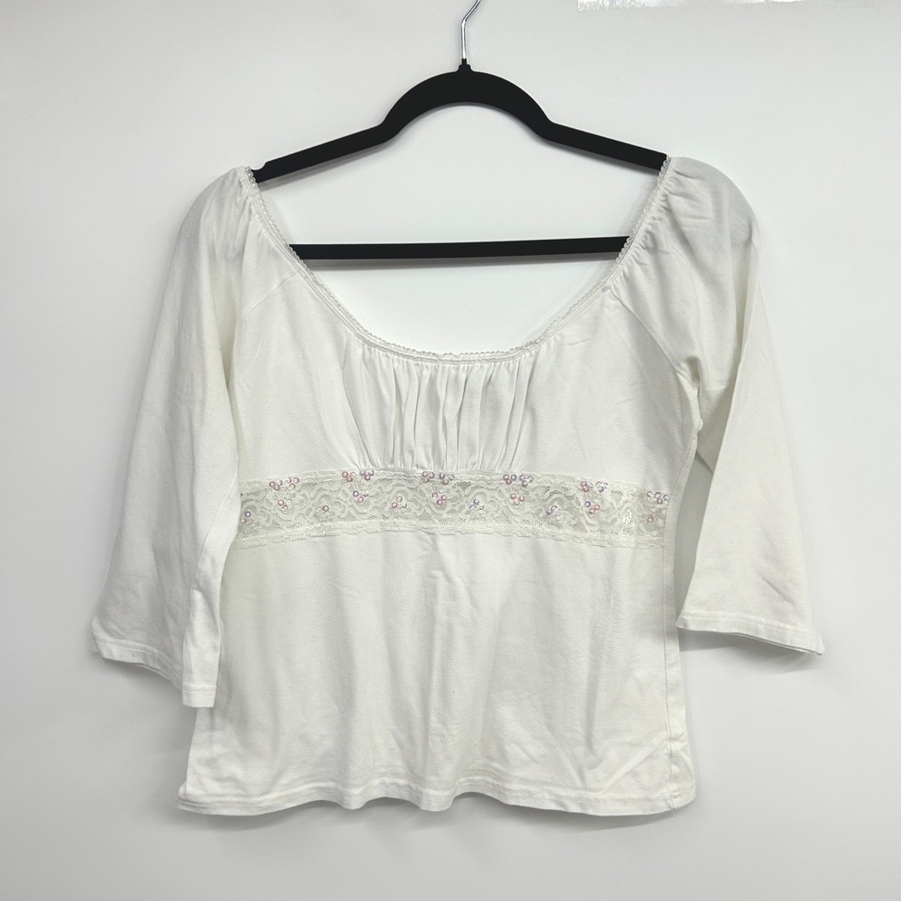 Coquette Lace Sequin Milkmaid Top Large White Y2K Fairycore Dollette Soft Girl